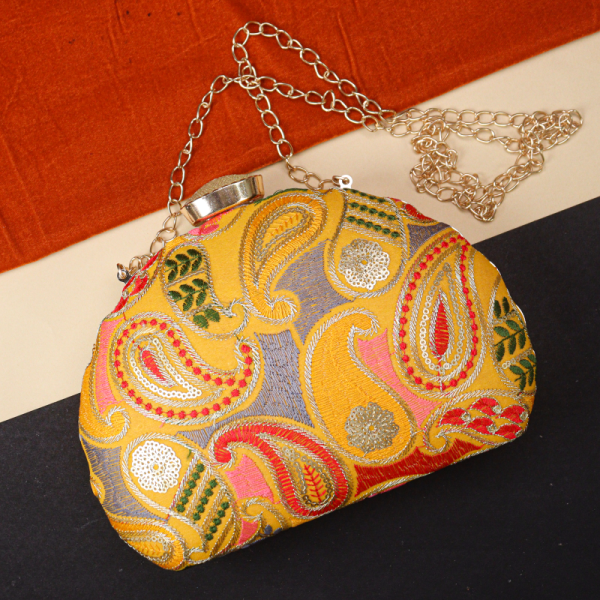 Yellow Sequins Embroidery Party Clutch