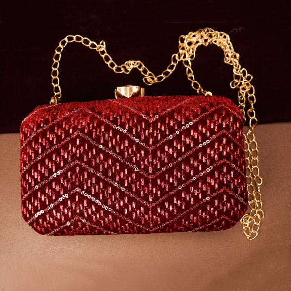 Maroon Sequins Embroidery Fabric Clutch