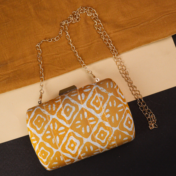 Golden Ethnic Handcrafted Fabric Clutch with Chain Strap