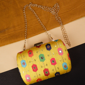 Yellow Multicolor Embroidered Fabric Clutch with Chain Strap