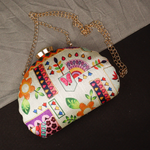 Multicolor Handcrafted Embroidered Clutch with Gold Chain Strap