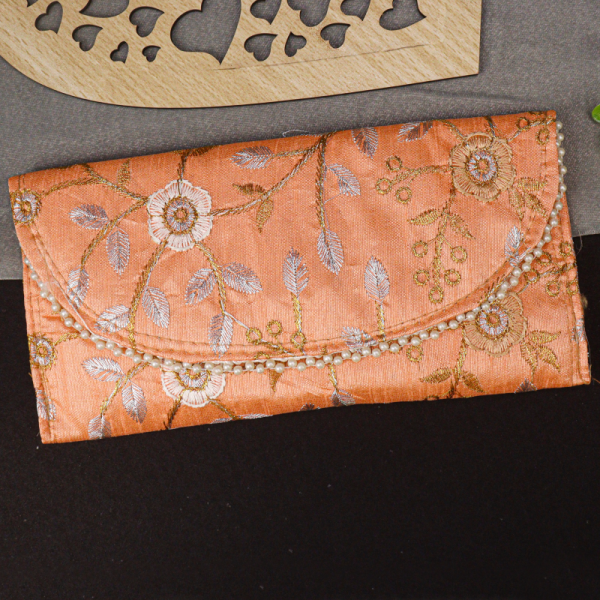 Handcrafted Floral Embroidered Clutch Purse with Pearl Detailing - Image 9