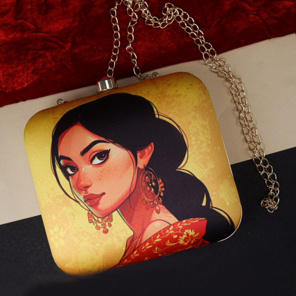 Beautiful Art-Inspired Clutch with Gold Chain – Traditional Woman Portrait Design