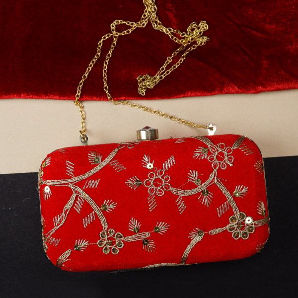 Velvet Red Handbag With Chain